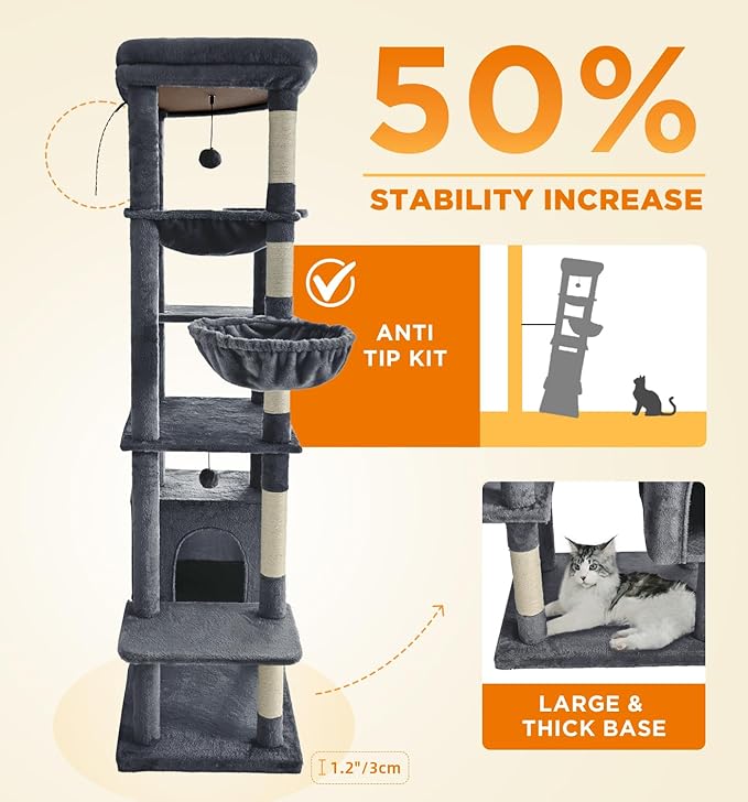 Made4Pets Tall Cat Tree, 71 Inches Cat Tree Tower for Indoor Cats Large Adult, Plush Multi-Level Cat Tower with 5 Scratching Posts, 2 Hammock, Condo and Perch, Big Cat House Indoor, Dark Grey