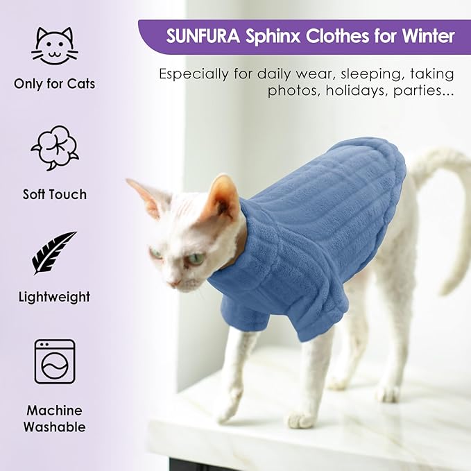 SUNFURA Sweaters for Cats, Hairless Sphynx Sweater Kitten Pullover with Sleeves, Warm and Soft Cat Pajamas Fleece Sweatshirt Jumpsuit, Turtleneck Clothes for Fall Winter, Blue M