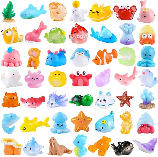 50pcs Mini Ocean Resin Animals 50 Styles Tiny Sea Animal to Hide Sea Miniature Little Small Animal Figures for Holiday Party Favors Bag Filler Micro Garden Dollhouse Aquarium Decorations