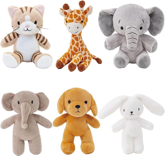 6 Pcs Stuffed Animals Bulk, 11 Inch Plush Animals, Safari Stuffed Animals, Small Stuffed Safari Animals, Cat Dog Elephants Giraffe Bunny for Party Animal Themed