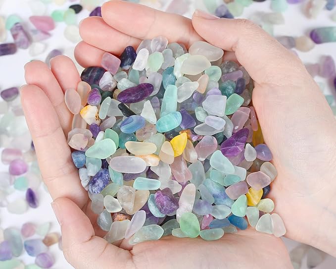 QINJIEJIE Fluorite Crystal Gravel Stones Tumbled Stone Polished Rocks Colorful Crushed Reiki Healing Quartz Home Decoration Aquarium Tank Succulent Vase Filler Landscape Bottom Ornament 0.88lbs 14oz