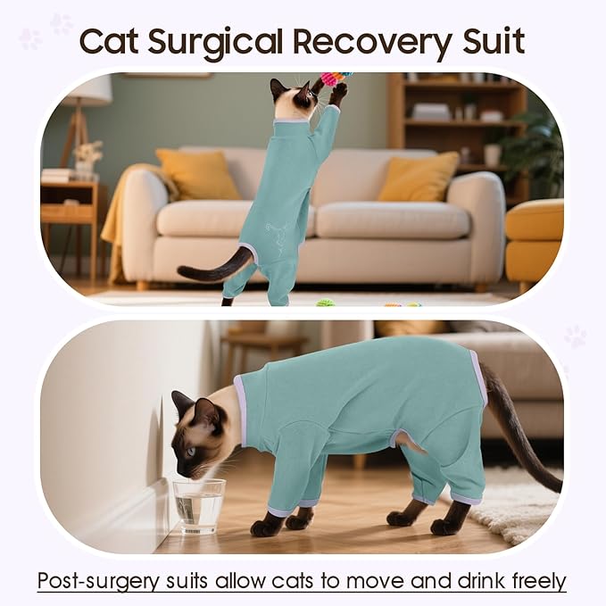 DENTRUN Cat Clothes for Hair Control with Hair Sticky Fabric - Soft Recovery Suit & Breathable Lint-Resistant Cat Sweater for Cats Only, Kitten Onesie Pajamas, XL, Bean Green
