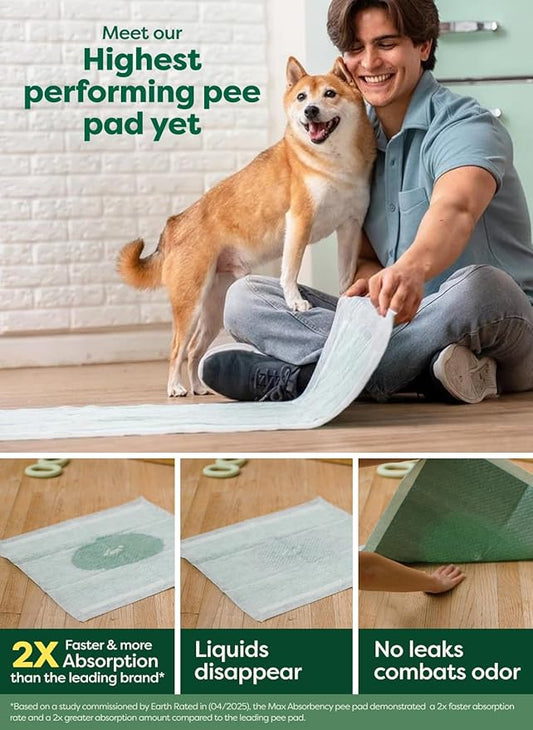 Earth Rated Max Absorbency Puppy Pee Pads for Dogs Absorbs 2X Faster & 2X More, Leak-Proof, Odor Control Potty Training, Unscented, Large, 22” x 23”, 40 Count