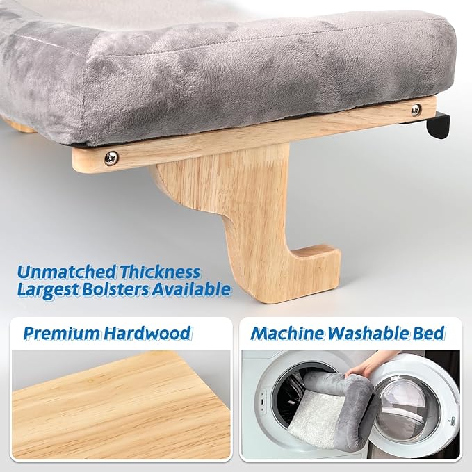 Zakkart Cat Perch for Window Sill with Bolster - Orthopedic Hammock Design with Premium Hardwood & Robust Metal Frame - Cat Window Seat for Large Cats and Kittens - Natural Color Wood with Gray Bed
