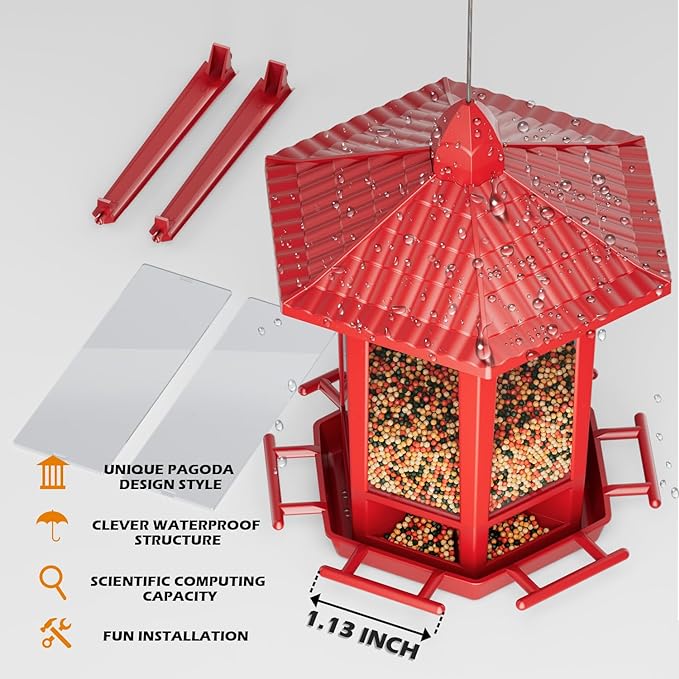 Birdream 2 Pack Bird Feeders for Outdoor Hanging, Retro Pagoda Design Fun Installation Bird Feeder, Attracting Wild Birds Chickadees Goldfinches Cardinals Finches and Sparrows - Red