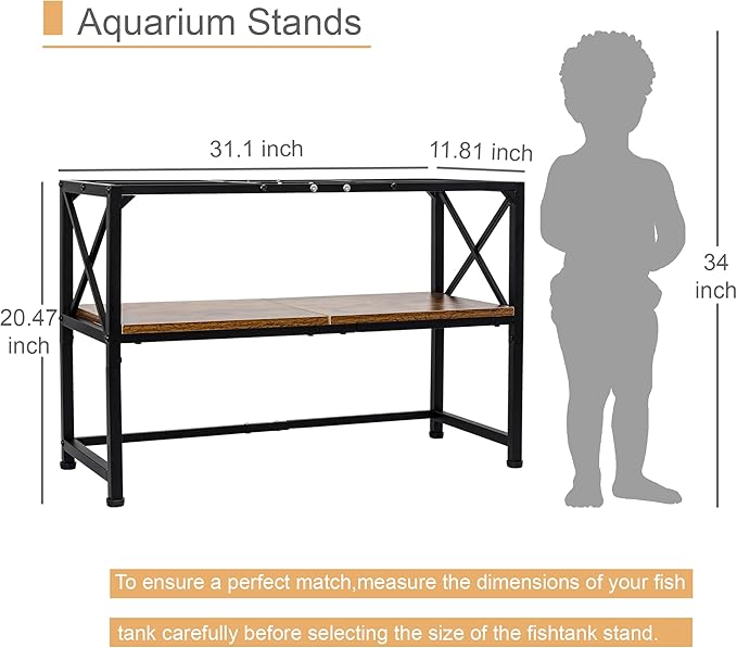 30 Gallon Fish Tank Stand, Aquarium Stand with 2-Tier Storage Shelves, Rustic Brown Metal Frame Turtle Tank,Adjustable Height Design (30 Gallon)