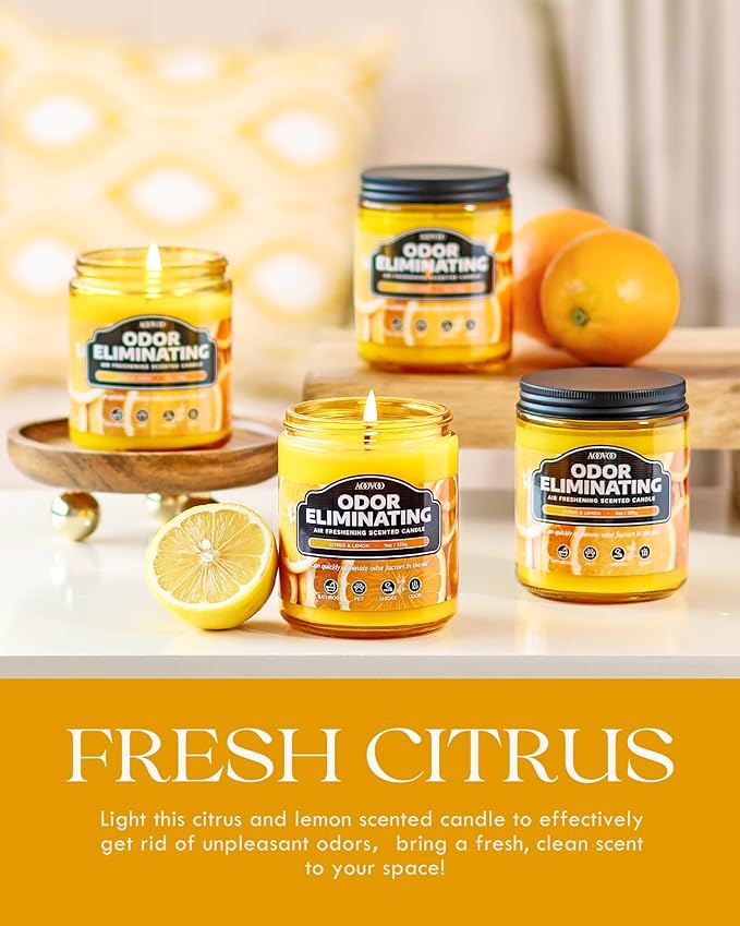 AOOVOO 4 Pack Citrus Lemon Odor Eliminating Highly Fragranced Candle - Eliminates 95% of Pet, Smoke, Food, and Other Smells Quickly, Air Freshing Soy Candle