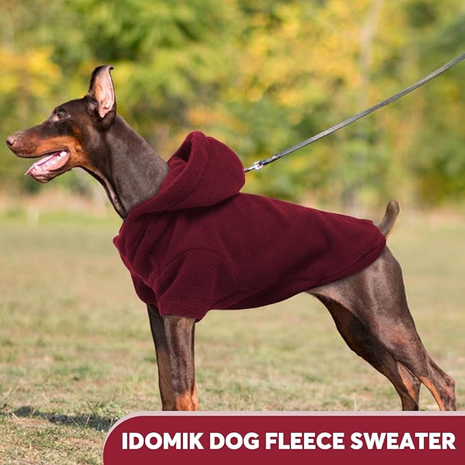 IDOMIK Dog Hoodie Sweater with Leash Hole, Warm Dog Fleece Sweater with Hood, Soft Pullover Dogs Fleece Vest for Fall Winter, Pet Sweatshirt Clothes for Poodle French Bulldog Labrador,Red,3XL