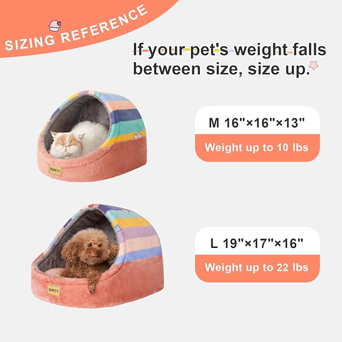 Jiupety Cute Cat Beds for Indoor Cats, Cat Cave Bed for Kittens, Hideaway Cat House for Cats & Small Dog with Anti-Slip Bottom, Washable Removable Cushion, L(19"x17"x16"), Rainbow