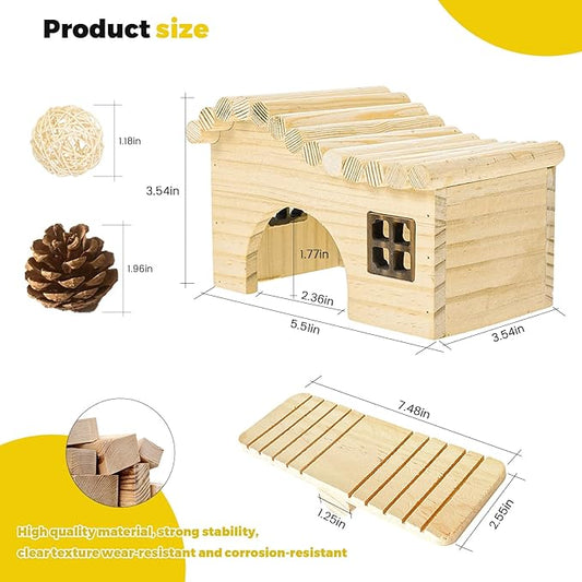 Wooden Hamster Platform and Dwarf Hamster House, Cute Syrian Tiny House Hideout, Small Animal Pet DIY Accessories for Rats, Gerbils & Small Pets (All-in-one)