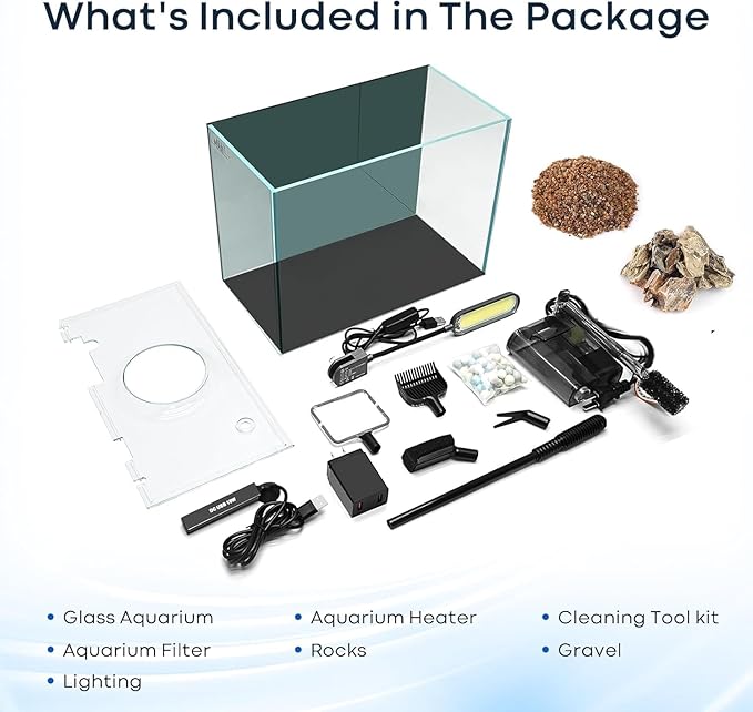 Small Aquarium Set Glass 2.6 Gallon Fish Tank, Starter Kit with Heater Self Cleaning System Efficiency Filter Bright Light Rocks Gravel Cleaning Tool, Leak-Proof Ultra-Clear Rimless Desktop Betta Tank