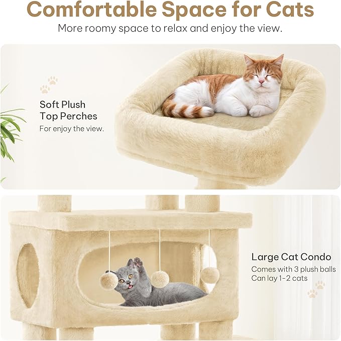 76in Cat Tree for Indoor Large Cats, Tall Cat Tower with Scratching Posts, Cat Tree Tower w/Hanging Balls, Multi-Level Condo Cozy Hammock, House, Large Activity Center, Beige