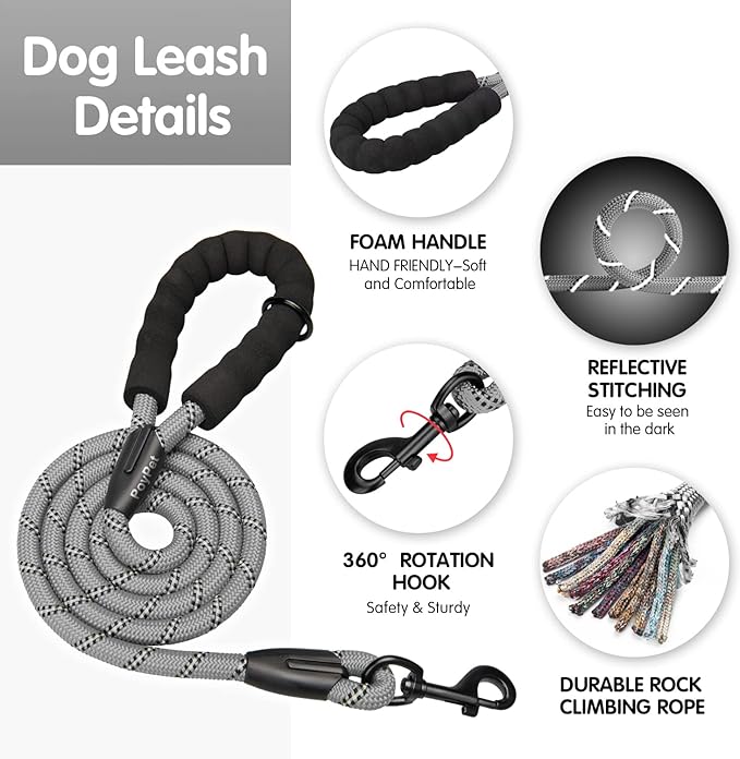 PoyPet No Pull Dog Harness and 5 Feet Leash Set, Release on Neck Reflective Adjustable Pet Vest, Front & Back 2 D-Ring and Soft Padded Pet Harness with Handle for Small to Large Dogs(Grey,S)