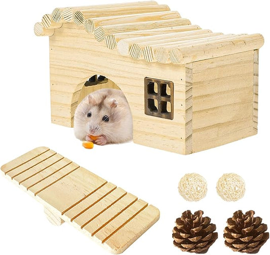 Wooden Hamster Platform and Dwarf Hamster House, Cute Syrian Tiny House Hideout, Small Animal Pet DIY Accessories for Rats, Gerbils & Small Pets (All-in-one)