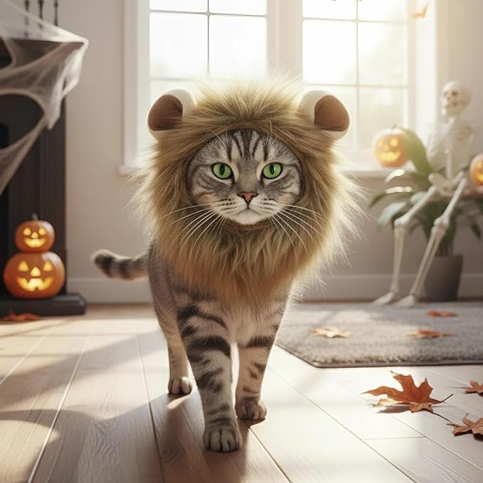 Cat Halloween Costumes - Adjustable Lion Mane Wig Pet Costumes for Cats (S)