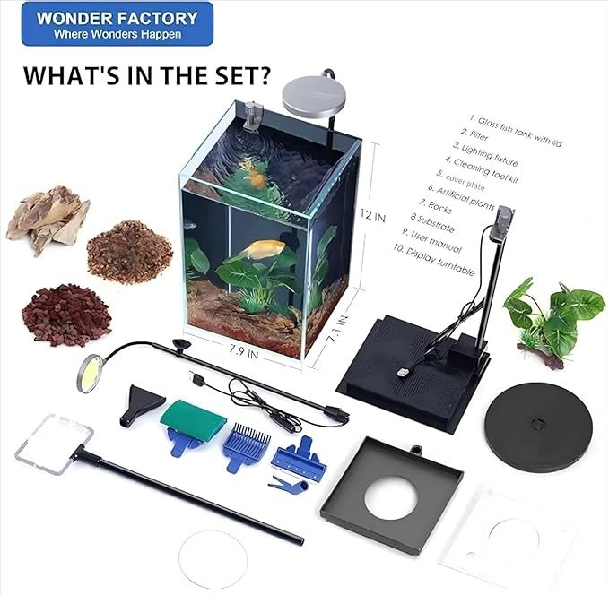 Nano Desktop Betta Fish Tank Set, 2.7 Gallon Glass Aquarium Hidden Bottom Filtration System Self Cleaning Filter Light Gravel Plant Cleaning Tool, for Small Space Easy Setup Space-Saving Design