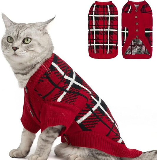 EXPAWLORER Cat Sweater Cardigan - Stylish Knit Cat Clothes, Plaid British Style Soft Puppy Sweater with Sleeve, Warm Pet Clothing Knitwear, Fall Winter Kitten Coat for Girl Boy Cats, Red S