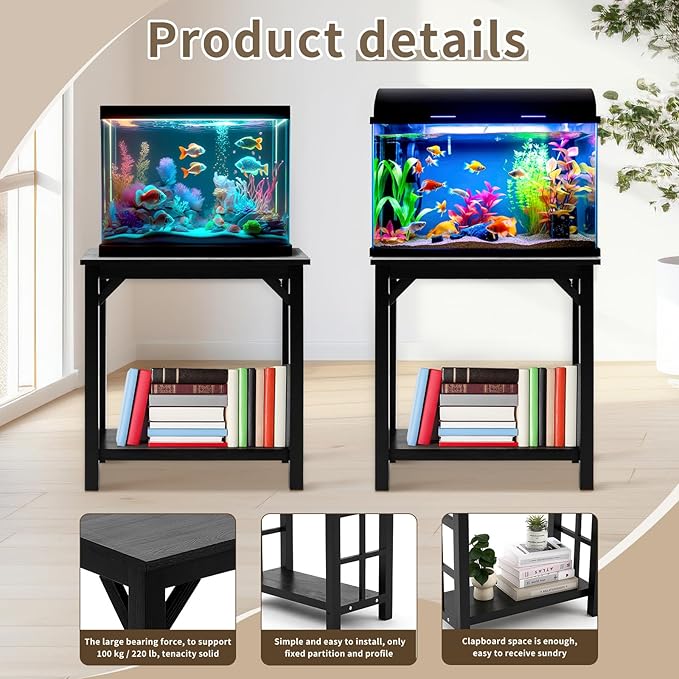 Solid Wood 10-20 Gallon Fish Tank Stand Heavy Duty Aquarium Terrarium Stand for Home Office Fish Tank Shelf Table, Black, 25.5 x 14 x 24.4 Inch