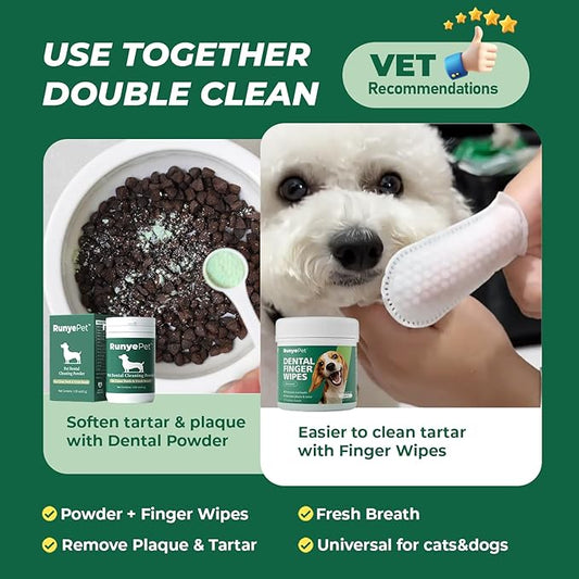 Deep Dental Cleaning Kit for Dogs & Cats – Pet Plaque Removal Powder & 50 Dental Care Wipes – Natural Formula with Probiotics for Fresh Breath & Healthy Teeth (Cleaning Kit, 50ct+45g)
