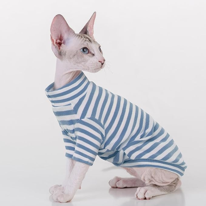 PUMYPOREITY Sphynx Cat Clothes: Soft Hairless Shirt With Sleeves, Stretchy Sweater, Pullover Pajamas Jumpsuit, Turtleneck Outfit for Sphynx Cornish Rex, Devon Rex - Blue, M