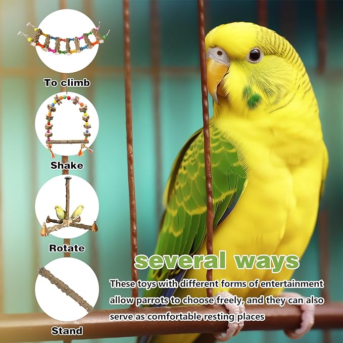 4-Piece Natural Wood Bird Cage Perch Set: Rotating Perch, Swing & Ladder Perfect for Parrots, Parakeets, Cockatiels, Lovebirds, Conures, Budgies, Quakers, and All Small to Medium Birds