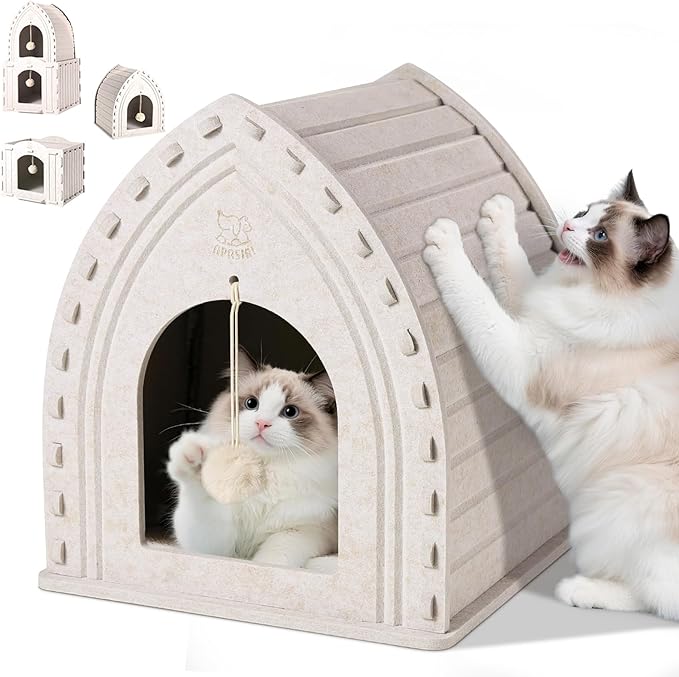Apasiri Thermal Insulatef Cat Bed Cave for Indoor Cats: Felt Cat Scratcher House, Enclosed Cat Bed, Cat Shelter for Anxious Cats, Private Kitten Condo, Cat Hut No-Tool Assembly, 11.6x11.6x13.8 Inches
