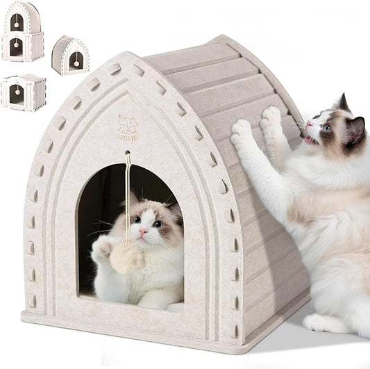 Apasiri Thermal Insulatef Cat Bed Cave for Indoor Cats: Felt Cat Scratcher House, Enclosed Cat Bed, Cat Shelter for Anxious Cats, Private Kitten Condo, Cat Hut No-Tool Assembly, 11.6x11.6x13.8 Inches