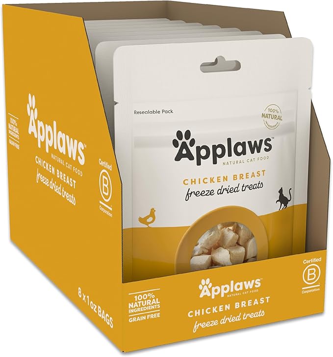 Applaws Natural Freeze-Dried Cat Treats, Single-Ingredient, High Protein, Grain-Free, Healthy Snack for Cats, Natural Cat Food Topper, Chicken (8 x 1.0oz Bags)
