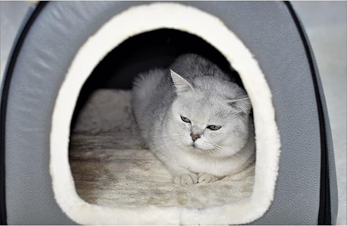 Cat Bed or Dog Bed,2 Ways to Use,Indoor Pet House with Fluffy Mat,Removable and Washable Cover,Splash-Proof House and Non-Slip Bottom,for Cats and Small Dogs(S Grey Faux Leather)