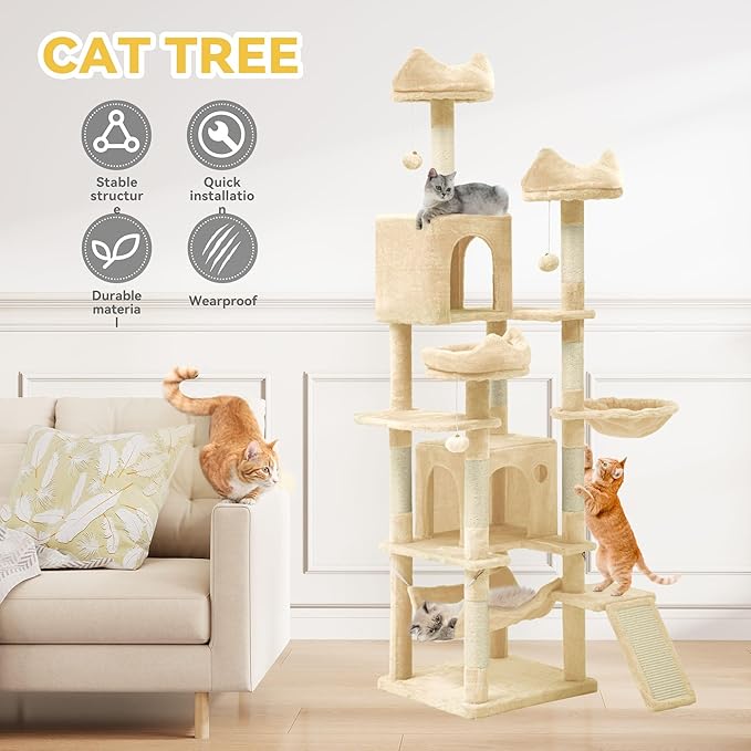 DWVO 75 in Multi-Level Cat Tower: Tall Cats Tree for Indoor Kittens, Pet Furniture with Kitty Condos, Top Perches, Sisal Ramp Scratching Posts, Cozy Basket, Hammocks, Beige