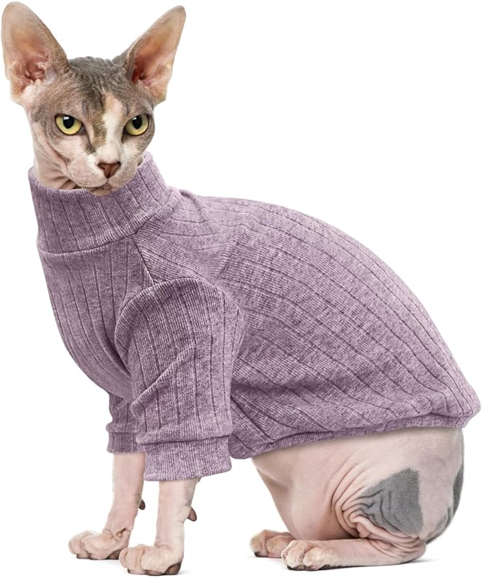 Idepet Sphynx Hairless Cats Sweater Shirt Kitten Soft Puppy Clothes Pullover Cute Cat Pajamas Jumpsuit Cotton Apparel Pet Winter Turtleneck for Cats and Teacup Chihuahua Small Dogs(Purple,XXL)