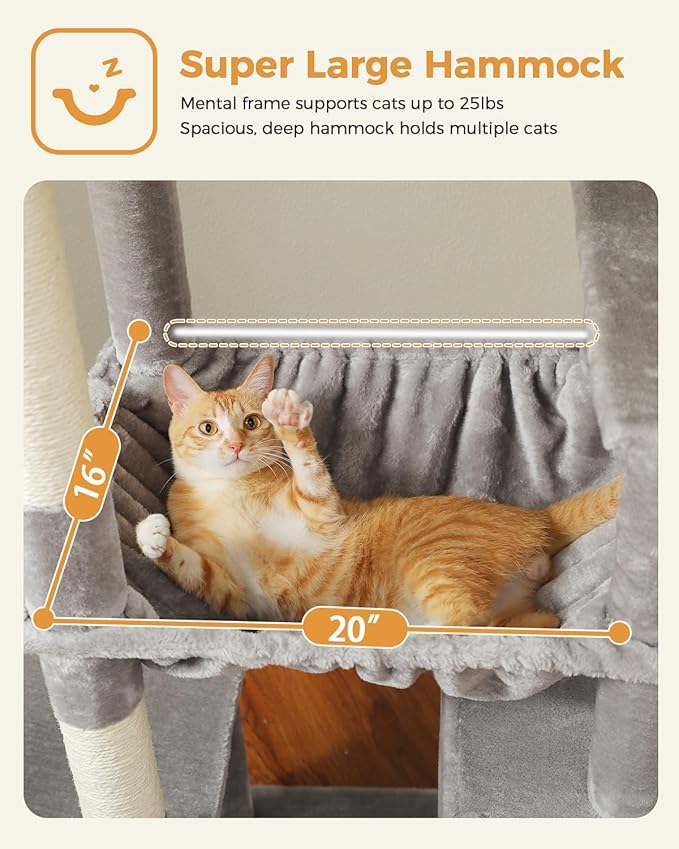 71" Tall Cat Tree for Large Cat 20 lbs with Super Large Hammock, Heavy Duty Cat Tower with 4 Sisal Scratching Posts & 2 Spacious Condos for Big Adult Cats Maine Coon-Grey