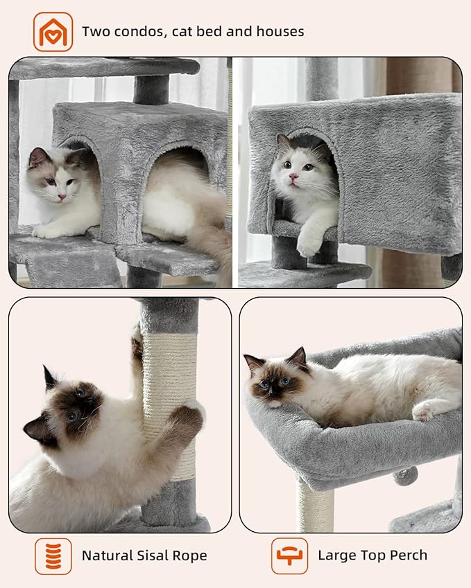 Cat Tree for Large Cats Adult with Super Large Top Perch, 56.3'' Cat Tower with Plush Hammock, Cat Shelves and Dangling Pompom, Cat Scratching Posts and 2 Condos Houses, Grey (AMT0111GY-A)