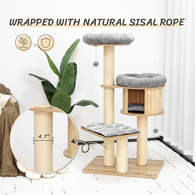 KAMABOKO 58.6" Modern Cat Tree, Wood Cat Tree w/ 4.7" Large Dia Sisal Scratching Posts, Heavy-Duty Cat Trees for Large Cats with Condo, Cushions for Cats Climb Scratch Play Rest