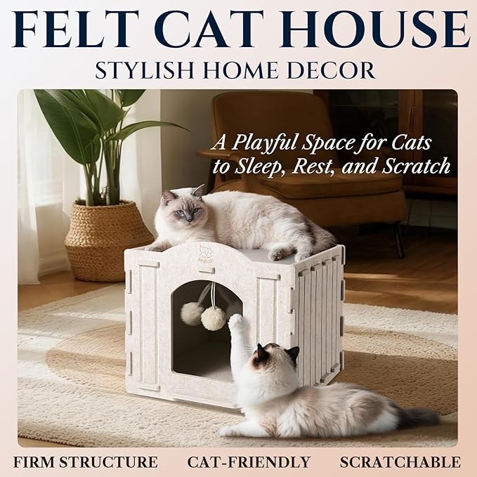 Apasiri Indoor Cat House Scratch-Resistant: Thermal Insulated Enclosed Felt Bed Cave with Hanging Ball Toy, No-Tool Assembly Hideaway for Anxious Cats & Kittens up to 35 Lbs