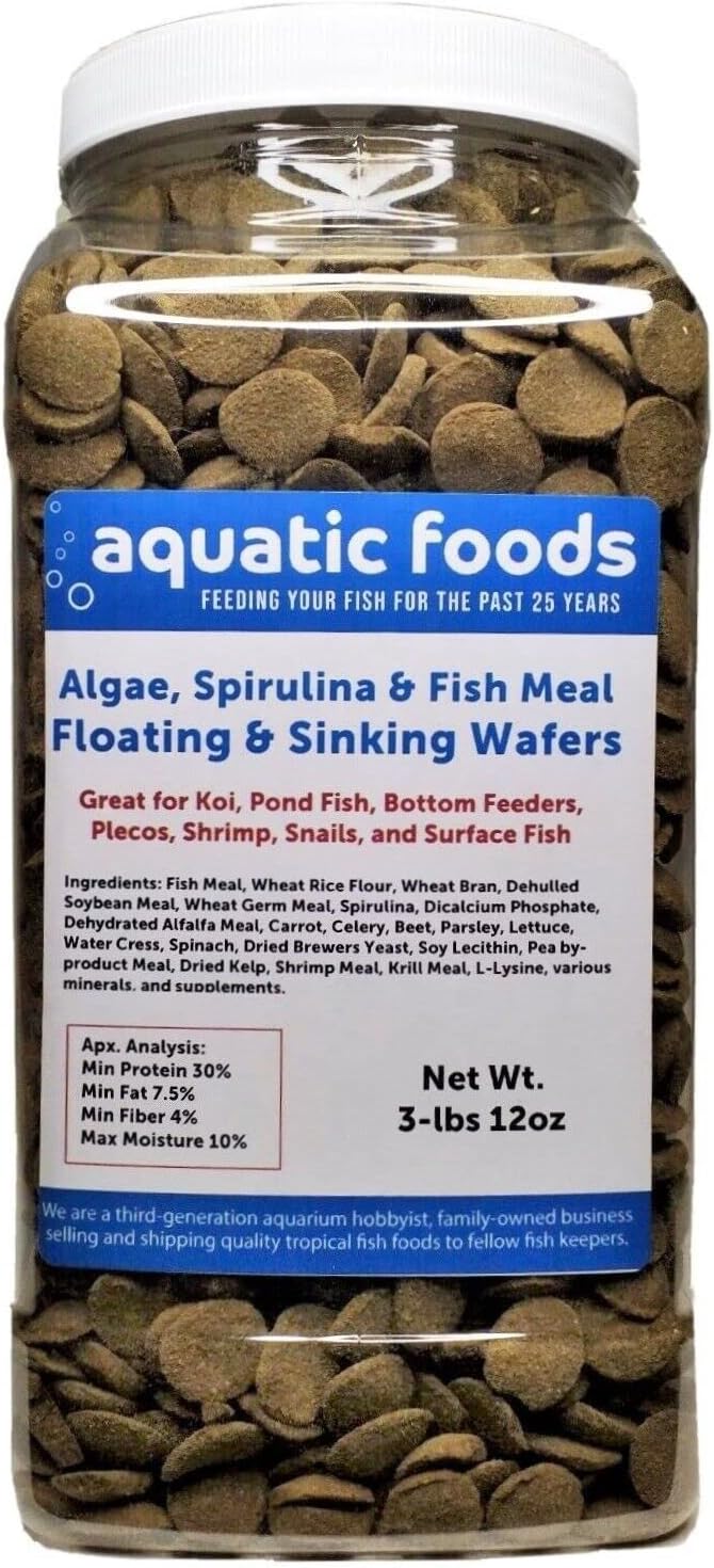 Aquatic Foods Inc. 18mm - 3/4" Wafers, Sinking & Floating for Both Bottom Fish & Surface Fish, Pond Fish, Shrimp, Snails, Crabs, Crayfish…3-lb &12oz Lg Jar