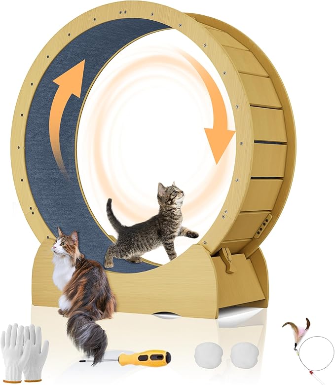 45'' Cat Exercise Wheel for Indoor Cats, Cat Running Treadmill Wheel with Detachable Carpet & Toy for Running/Walking/Training, Suitable for Most Cats