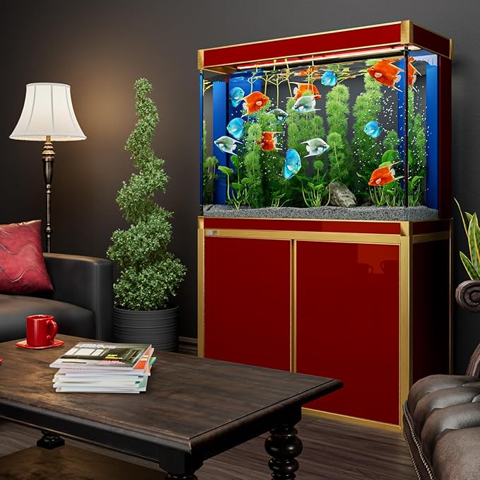100 Gallon Aquarium Fish Tank with Upright Fishtank Stand Water Pump Freshwater Filter LED Bundle and Straight Corners Clear Glass - Red with Gold Trims