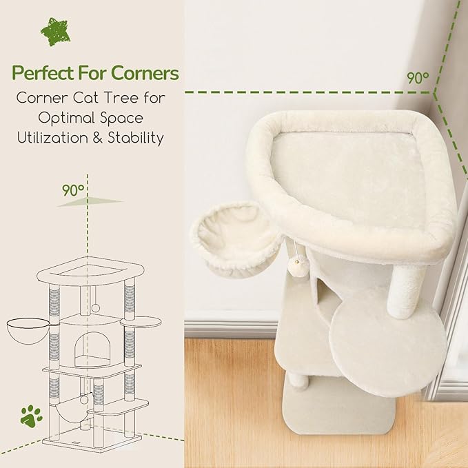 Globlazer Corner Cat Tree Tower with Scratching Post for Indoor Cats, 51in Plush Multi-Level Cat Tower with Large Hammock, Fan-Shaped Padded Perch, Spacious Cat Condo, Hanging Basket, C51, Light Beige