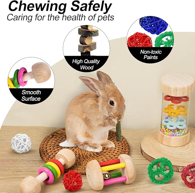 15PCS Rabbit Toys for Bunnies Boredom Enrichment with Chinchilla Hamster Rat Guinea Pig Bunny Toys for Rabbits Indoor Wooden Hanging Bunny Rabbit Chew Toy for Teeth Keep Busy Grass Sticks Treat Balls