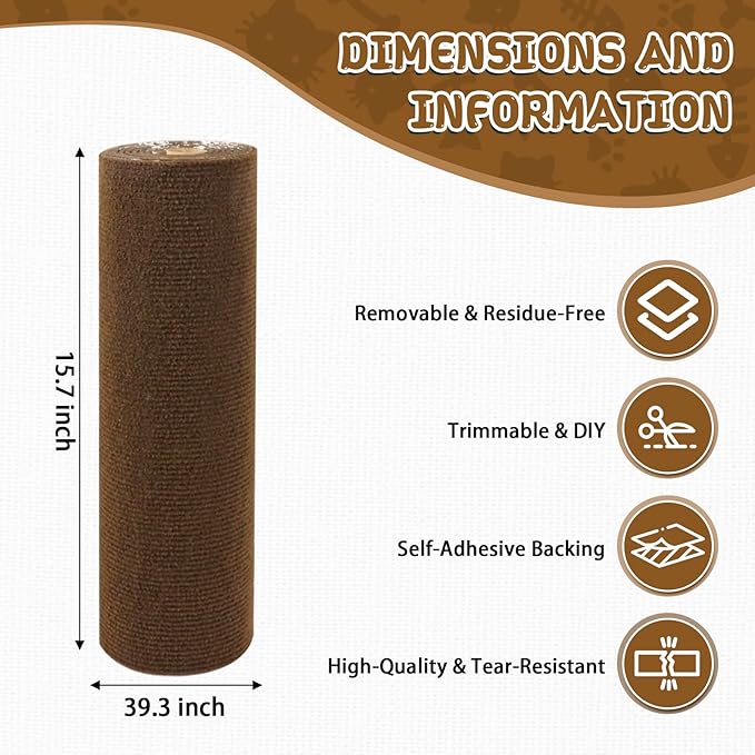 Climbing Cat Scratcher Mat Trimmable Cat Scratching Post Carpet 39.3’’x15.8’’ Self Adhesive Carpet Mat Pad Replacement for Cat Tree Shelves Post Couch Wall Furniture Steps DIY Protector (Brown)