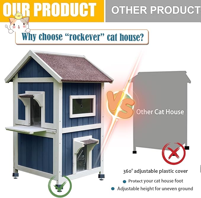 Rockever Outdoor Cat House, 2 Story Outdoor Houses for Feral Cats Wooden Outside Cat Shelter Weatherproof with Escape Door