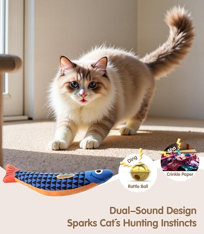 Interactive Cat Toys with[5000mg Premium A+Catnip][Baby Grade] Soft Chew Kicker Cat Toys for Indoor Cats & Kittens, Crinkle &Rattle Fish Sound Toy, Drives Bored Cats Crazy with Fun,2 Pack