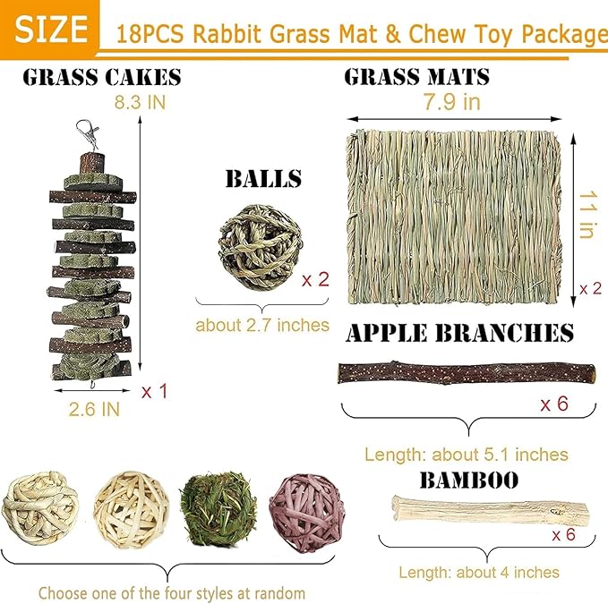 kathson 18PCS Bunny Chew Toys for Teeth,Rabbit Grass Mats,Natural Hay Woven Bunny Bed,Rabbit Wood&Bamboo Sticks and Timothy Grass,Small Animals Chew Treat Toy for Guinea Pig,Hamster,Chinchillas,Mouse