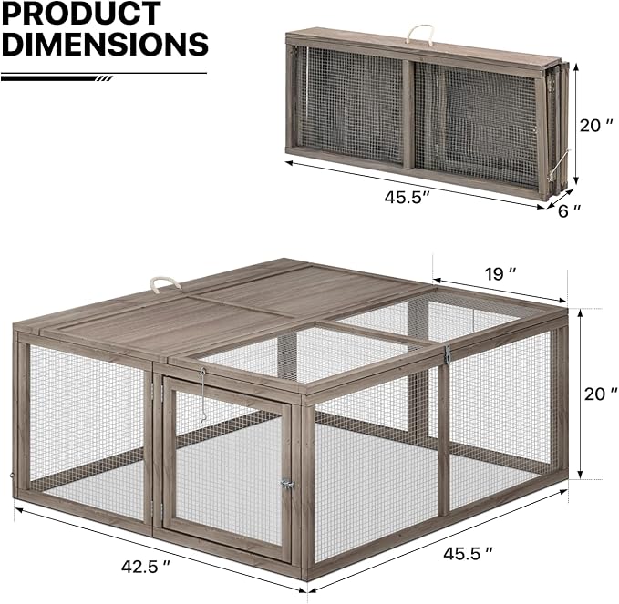 MoNiBloom Foldable Chicken Run Wood Chicken Coop Rabbit Hutch No Assembly Required Indoor/Outdoor Small Animal Nesting Box Habitat Enclosure Spacious Pet Playpen, 45.5" L x 42.5" W x 20" H, Grey