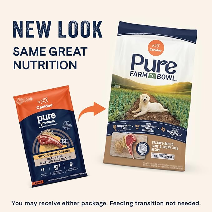 CANIDAE Pure Farm to Bowl Pasture-Raised Lamb & Brown Rice Dog Food, Adult Dog Food, 4lb