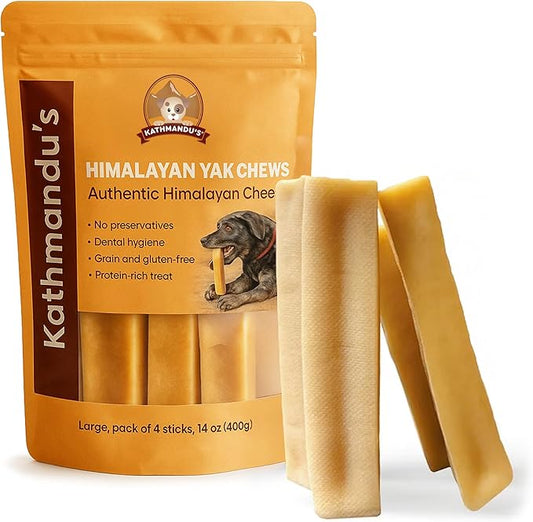 KATHMANDU'S Authentic Yak Cheese Himalayan Dog Chews Large (Pack of 4) - All Natural High Protein Dog Treats Per Chew, Delicious & Long Lasting for Aggressive Chewers | Odor & Gluten Free Chews