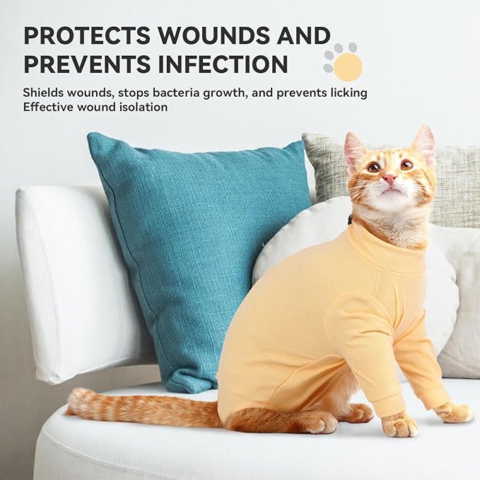T'CHAQUE Cat Surgery Recovery Suit, Anti-Licking Onesie for Post-Spay/Neuter Abdominal Wound, Cat Recovery Suit with Adjustable Drawstring Collar - Long Sleeve Kitten Surgical Onesie, Orange, S