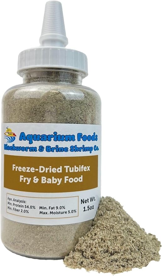 Aquatic Foods Inc. Tubifex Worm Powder Fry & Baby Food, for Freshwater Fish, Marine Fish, Baby Pond Fish, Corals, Anemones, All Tiny Nano Fish, Fry and Babies…1.5oz Lg Squeeze Bottle