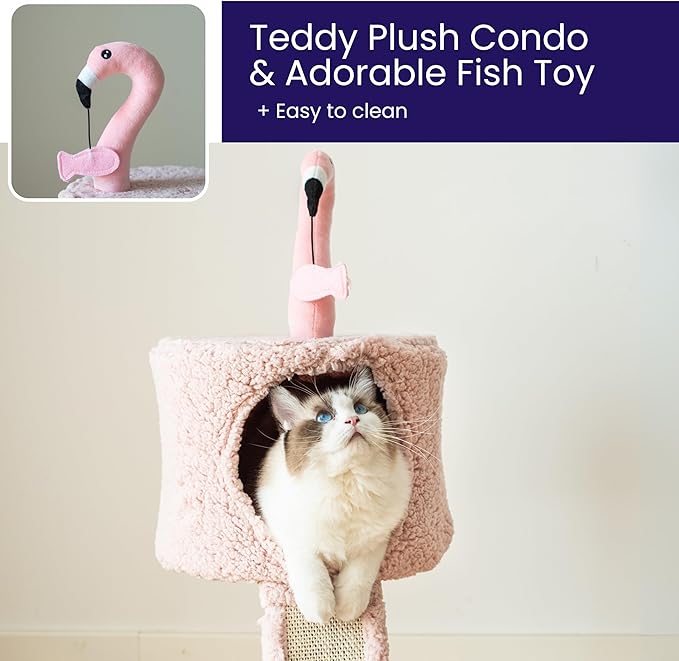 Catry Flamingo 2-Level 29" Cat Tree for Small Cats & Kittens with Replaceable Posts, Sisal Scratching Ramp, Pink Flamingo Designed Cute Condo with Toy, Pink